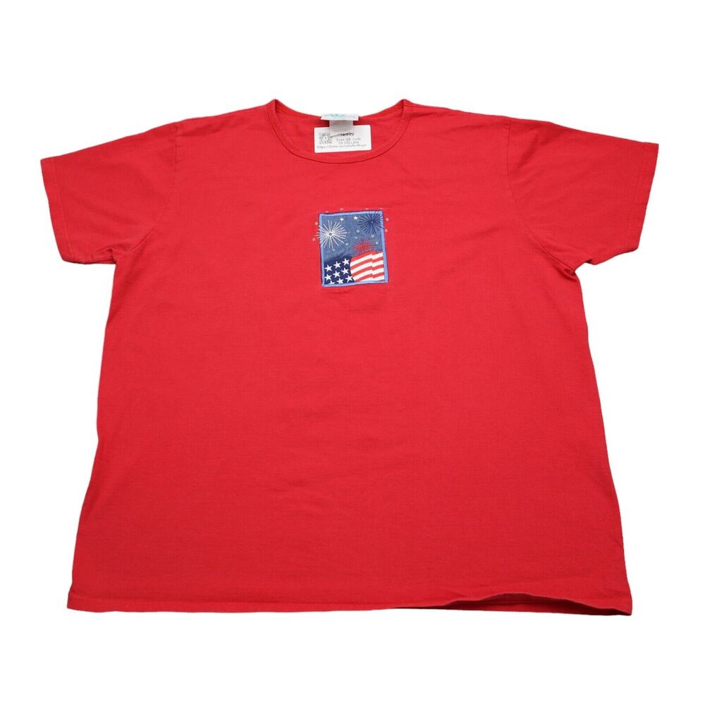 USA Flag Shirt Mens XL Red MC Short Sleeve Crew Neck Knit Cotton Embroidered Tee